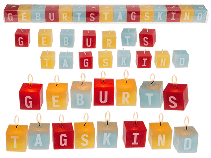 Square candles with letters, Geburtstagskind,