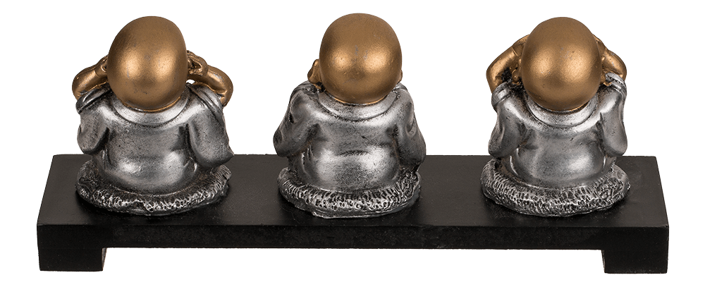 3 Polyresin decoration figurines on wooden bowl,