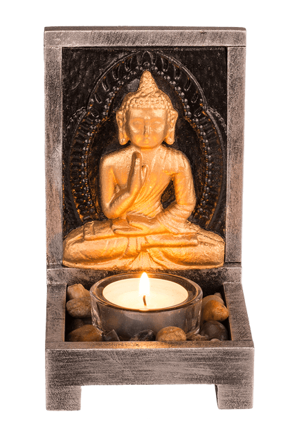 Wooden tealight holder, Buddha,