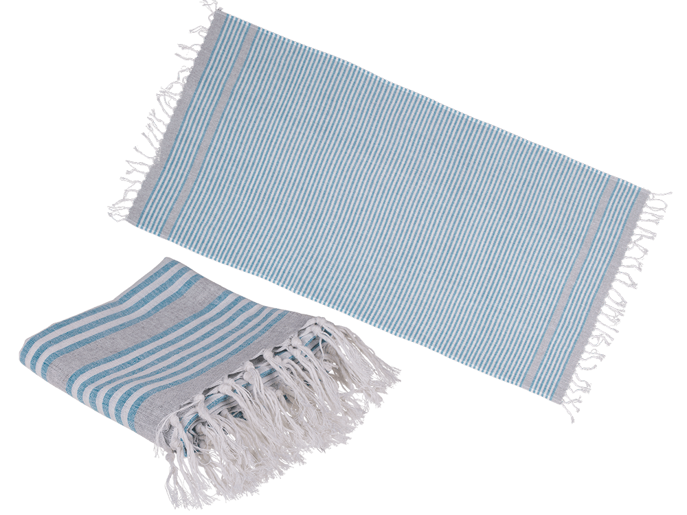Witte en blauwe Fouta handdoek, 80 x 170 cm, 80% katoen, 20% polyester, met plastic haak en franjes.