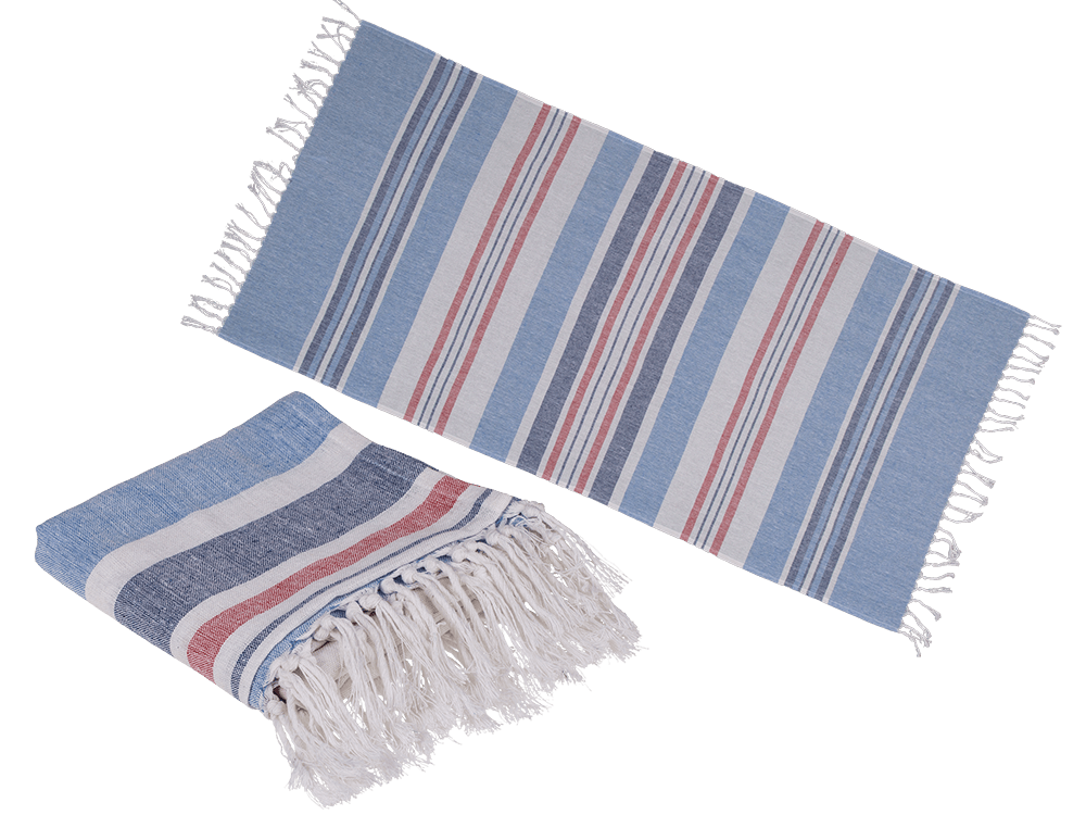 Witte, blauwe en rode Fouta handdoek van 80 x 170 cm, 80% katoen, 20% polyester, met plastic haak.