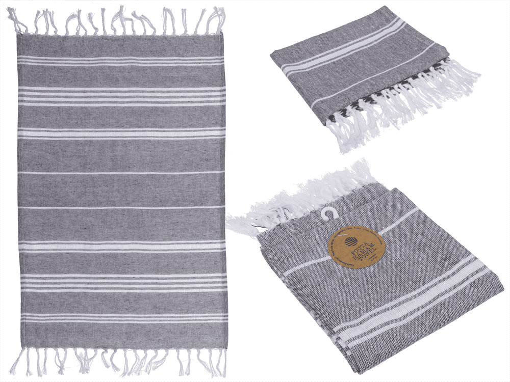 Witte/grijze fouta handdoek, 45 x 70 cm, 80% katoen, 20% polyester, met plastic haak en franjes.