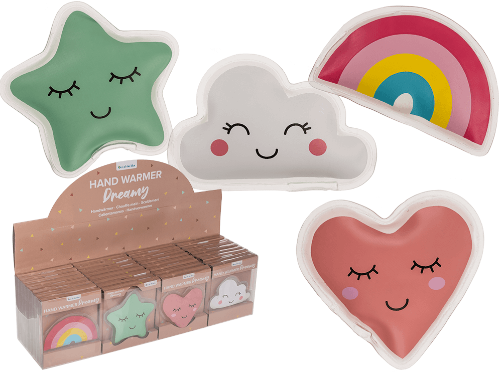 190417_000.png Handwarmer Dreamy in vier vrolijke vormen: ster, wolk, regenboog en hart, verpakt in een plastic doos met 32 stuks.