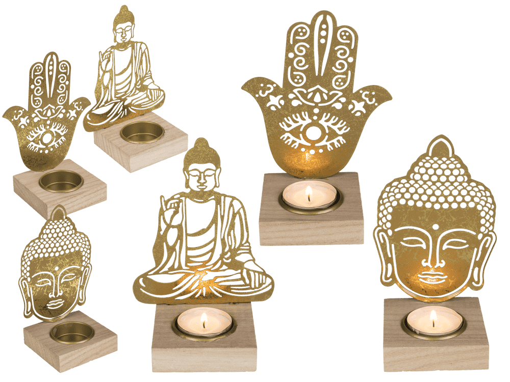 Gold colored metal tealight holder with wooden