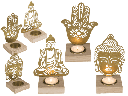 Gold colored metal tealight holder with wooden