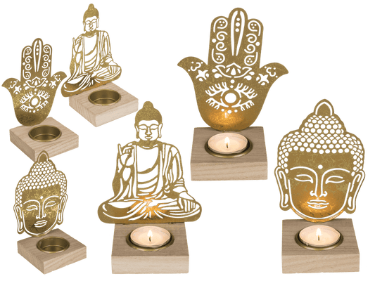 Gold colored metal tealight holder with wooden