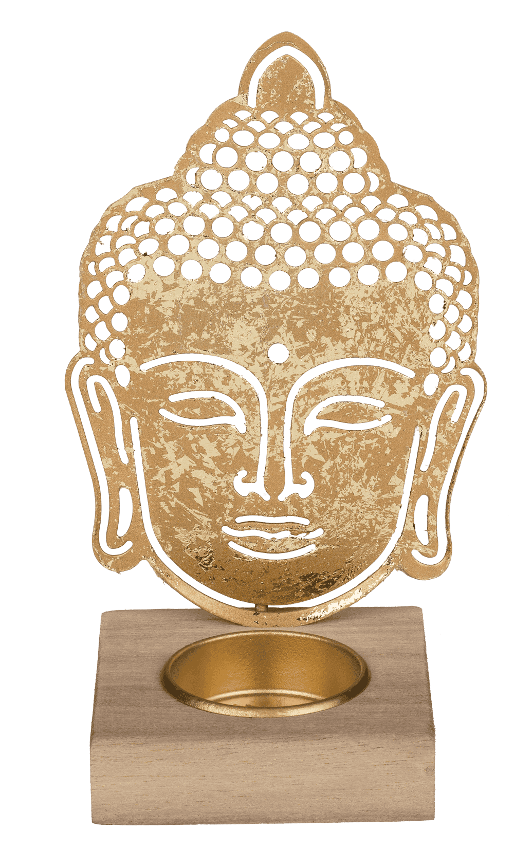 Gold colored metal tealight holder with wooden