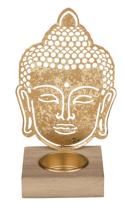 Gold colored metal tealight holder with wooden