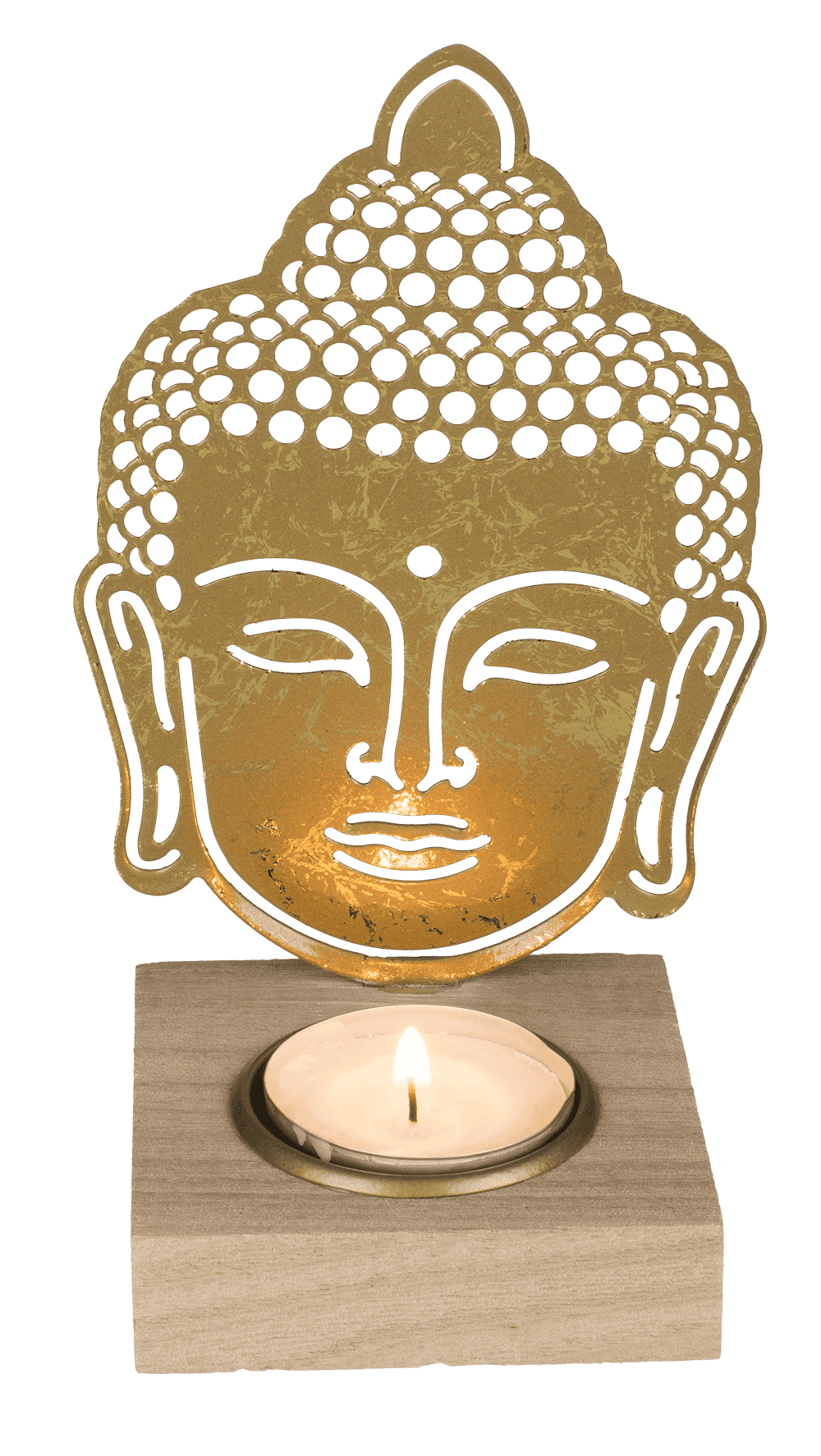 Gold colored metal tealight holder with wooden