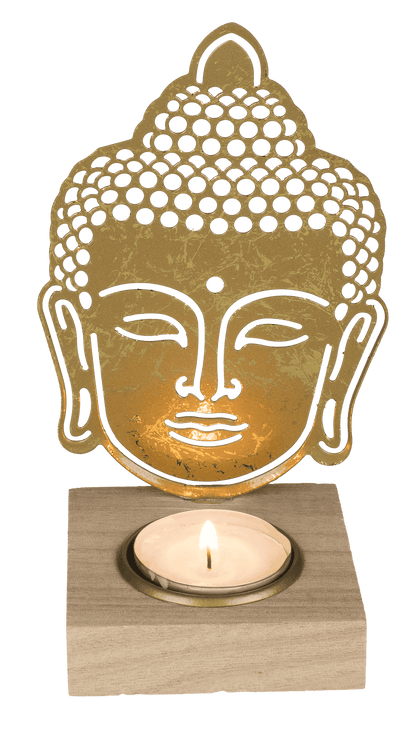 Gold colored metal tealight holder with wooden