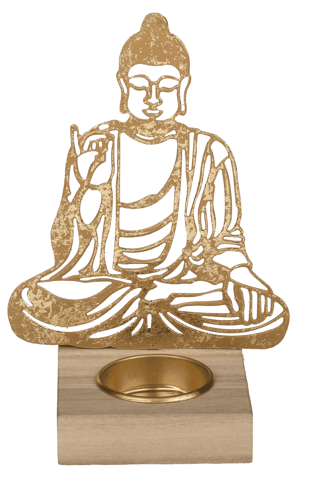 Gold colored metal tealight holder with wooden