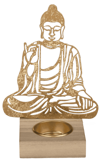 Gold colored metal tealight holder with wooden