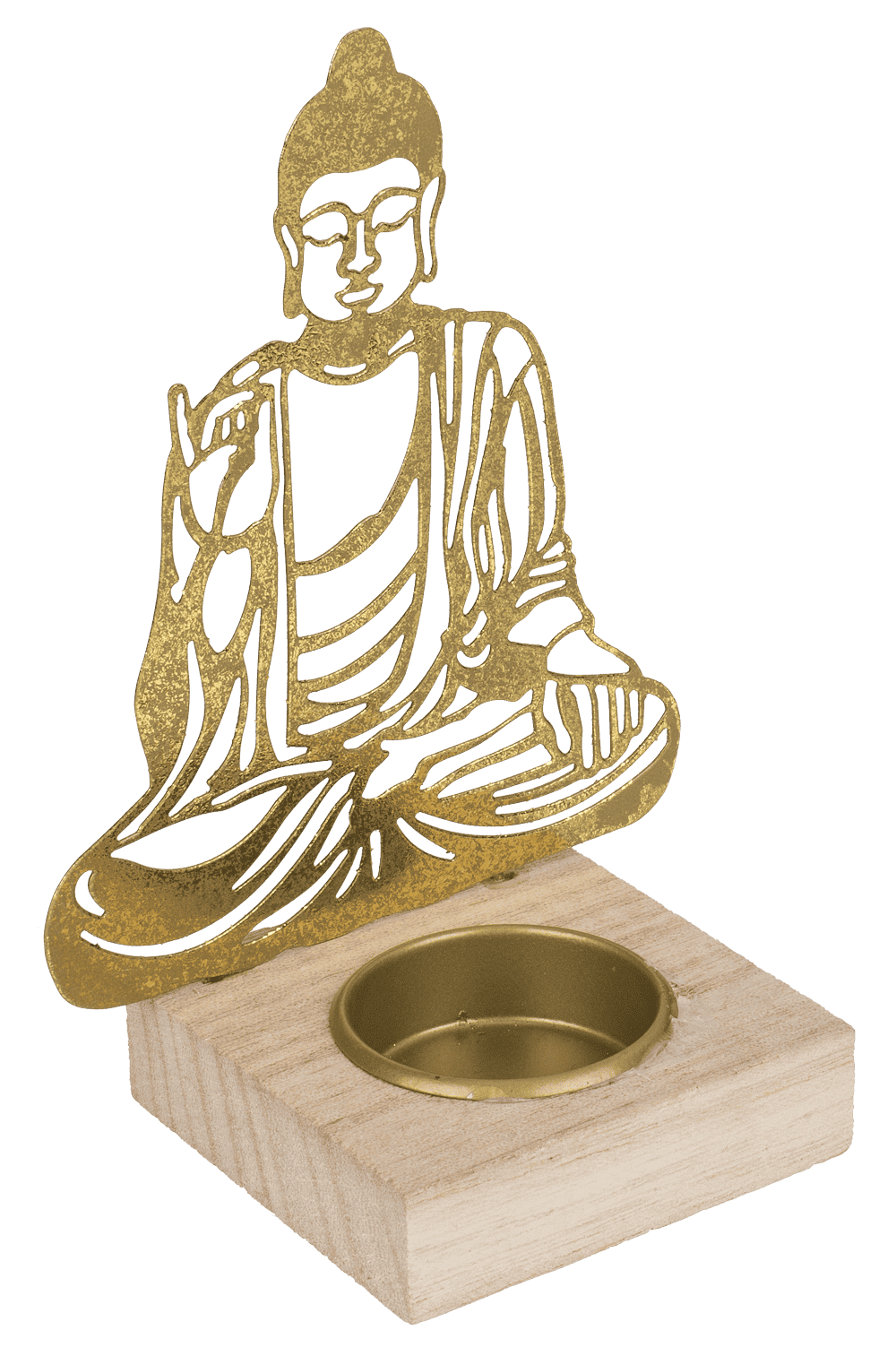 Gold colored metal tealight holder with wooden