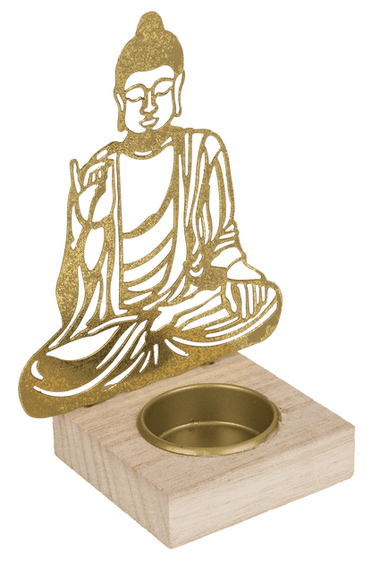 Gold colored metal tealight holder with wooden