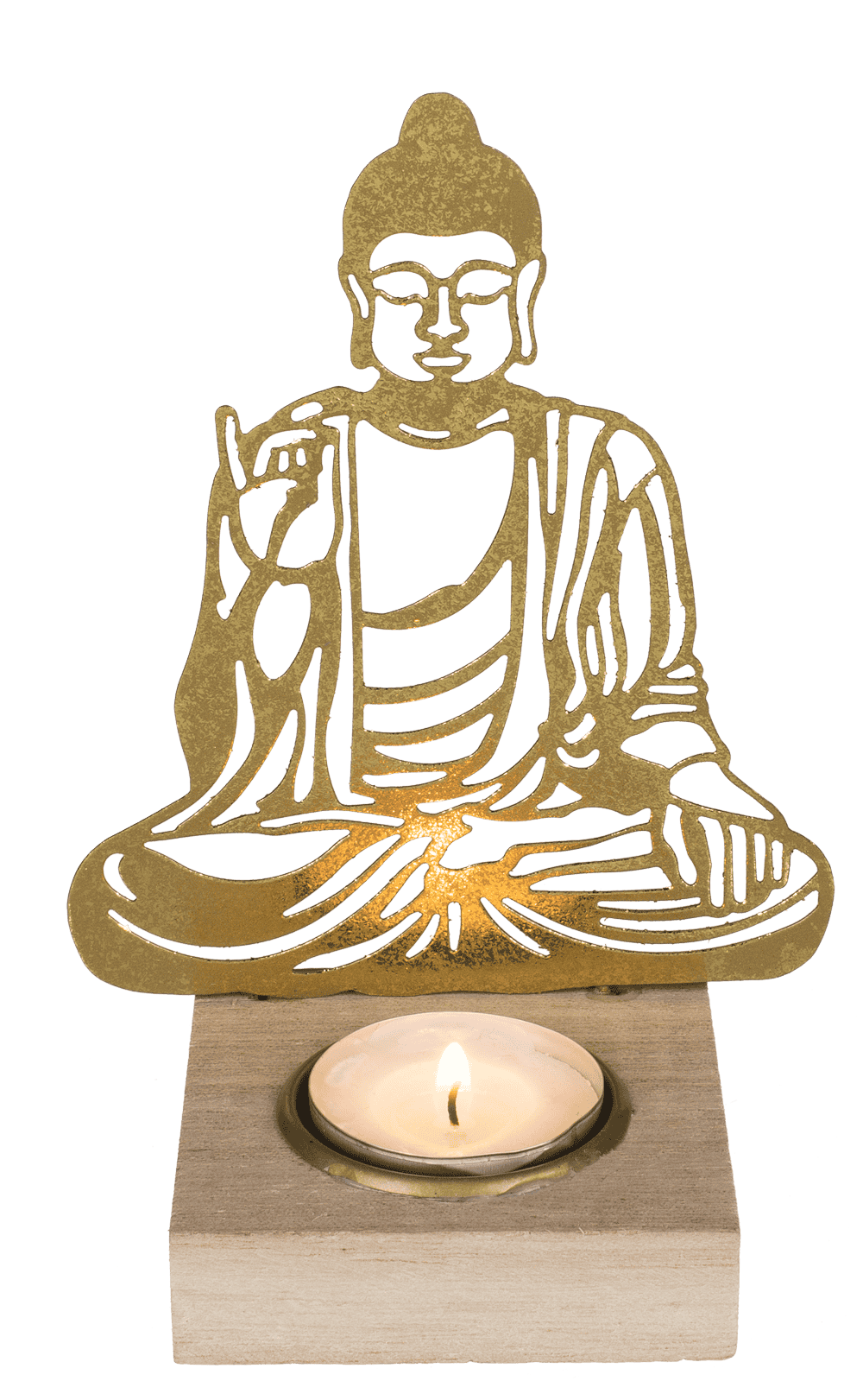 Gold colored metal tealight holder with wooden