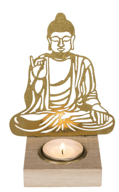 Gold colored metal tealight holder with wooden