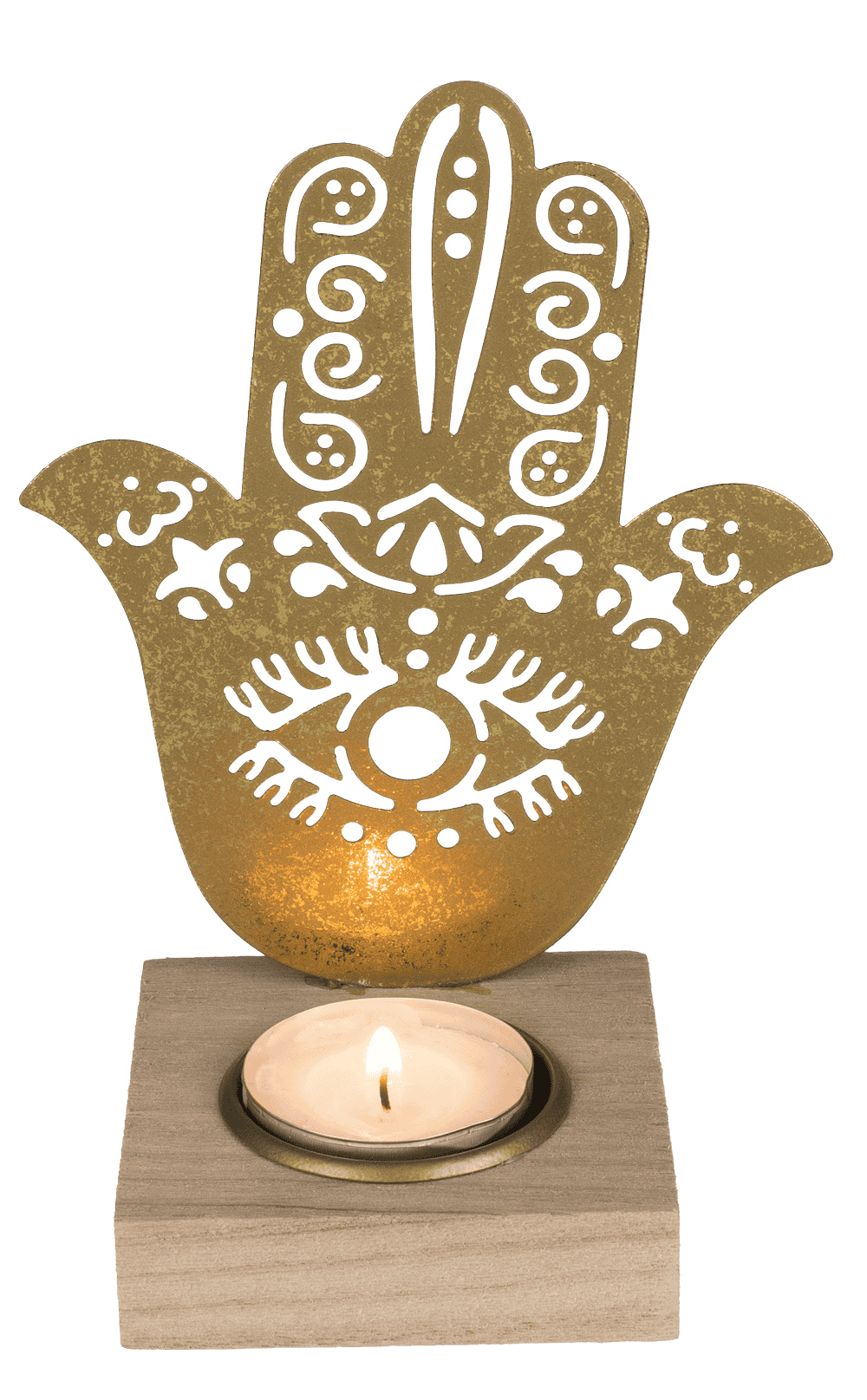 Gold colored metal tealight holder with wooden