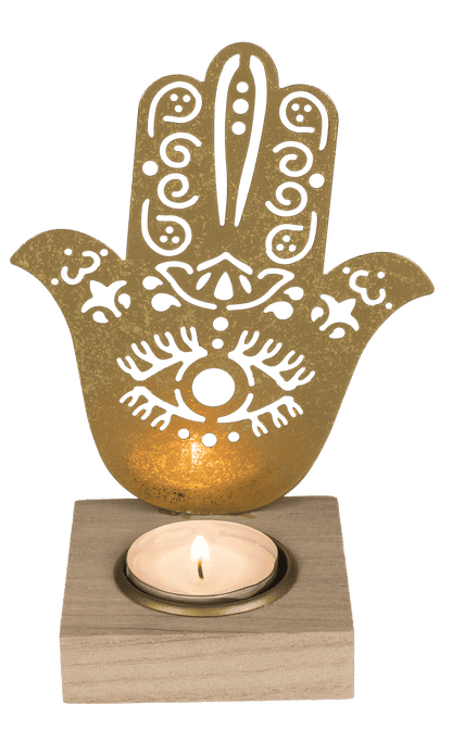 Gold colored metal tealight holder with wooden