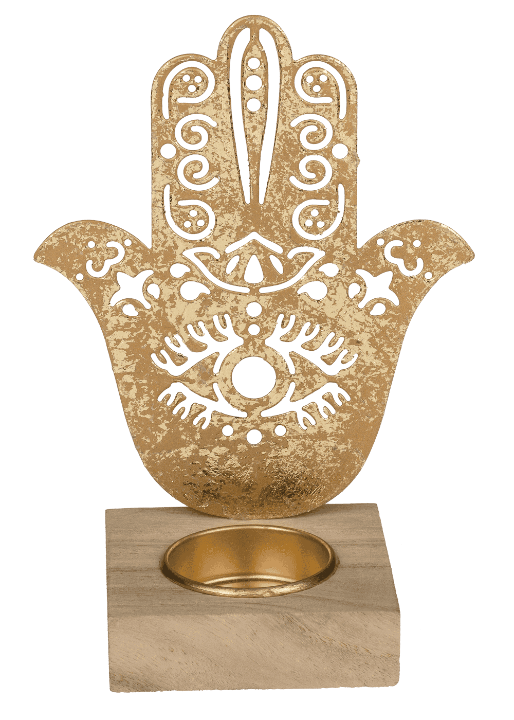 Gold colored metal tealight holder with wooden