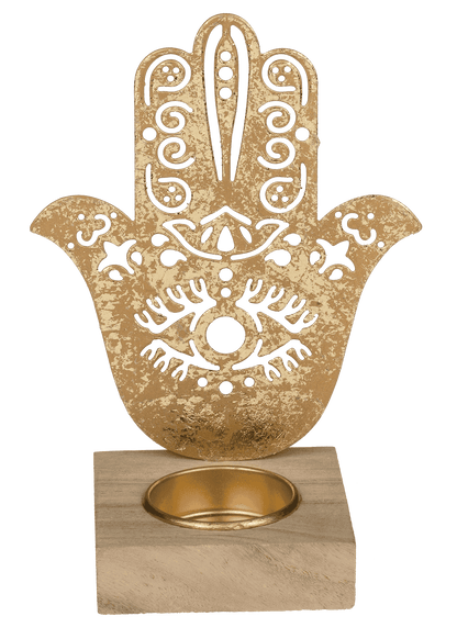 Gold colored metal tealight holder with wooden