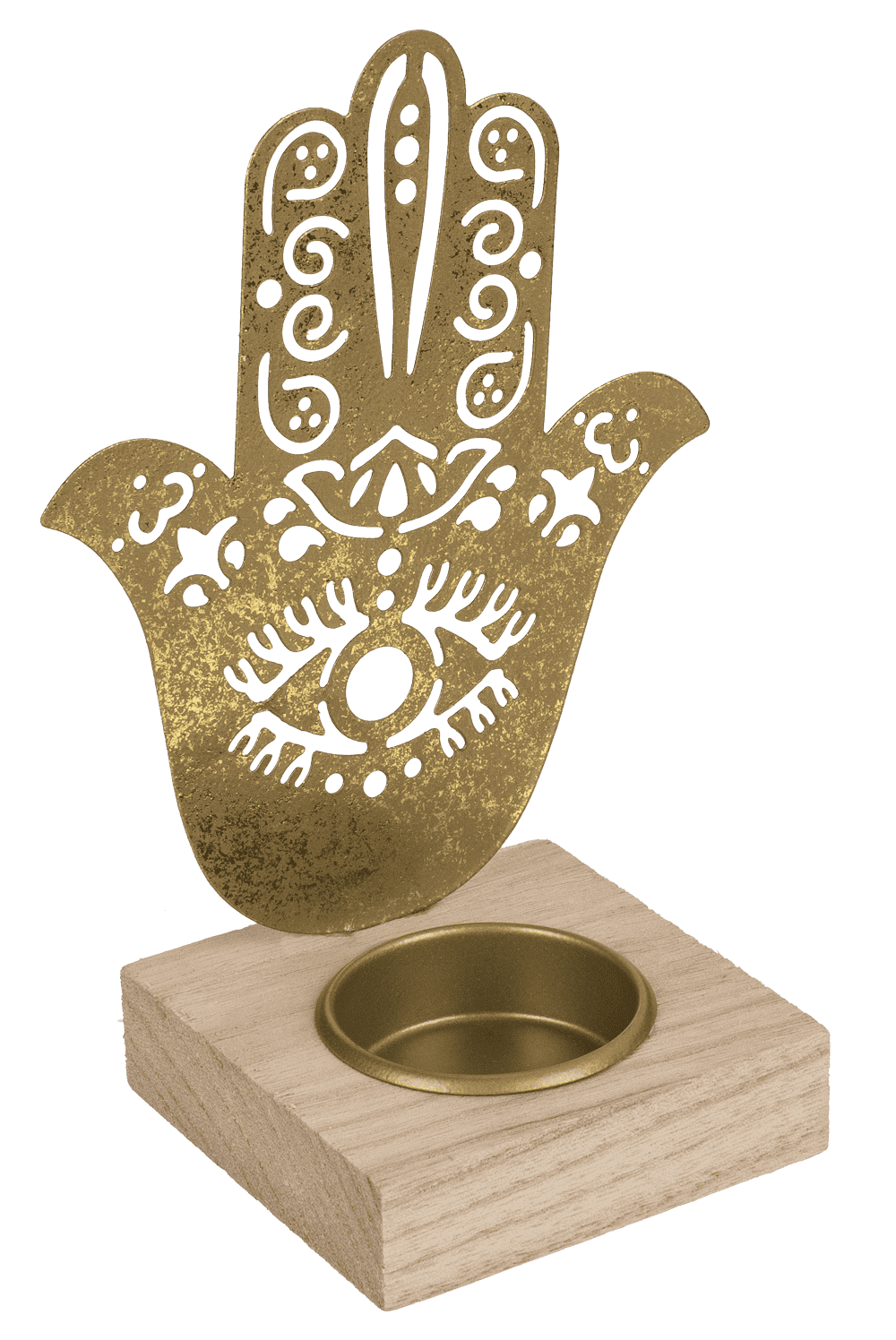 Gold colored metal tealight holder with wooden