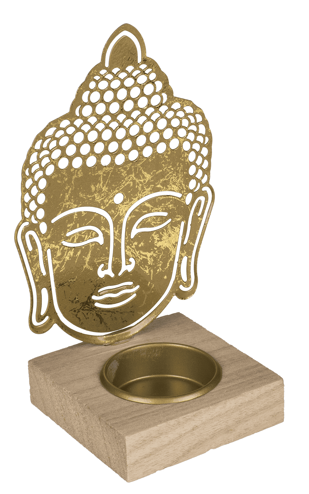 Gold colored metal tealight holder with wooden