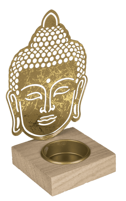 Gold colored metal tealight holder with wooden