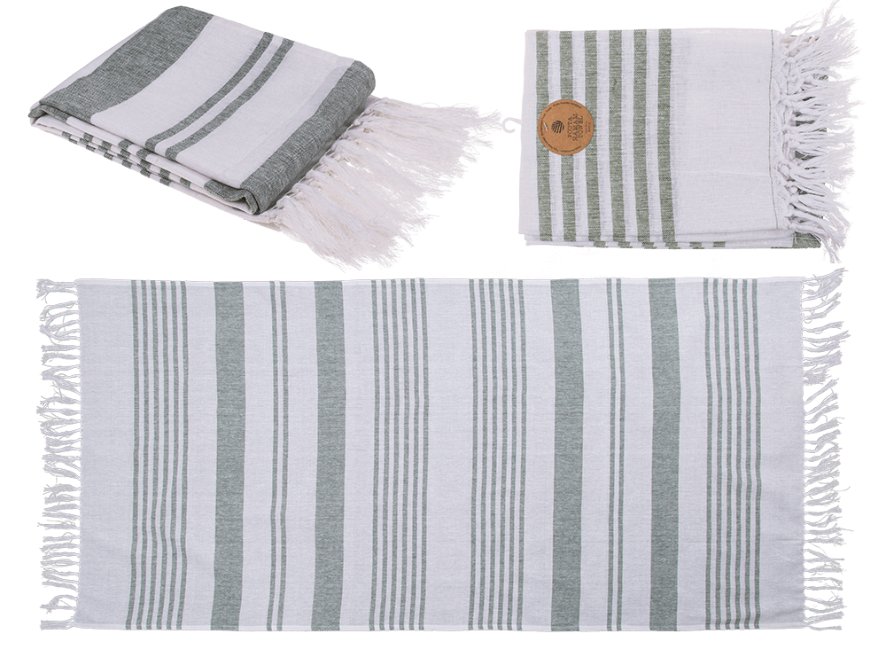 190451_000.png Witte en groene Fouta handdoek, 80 x 170 cm, 80% katoen, 20% polyester, met plastic haak en franjes.