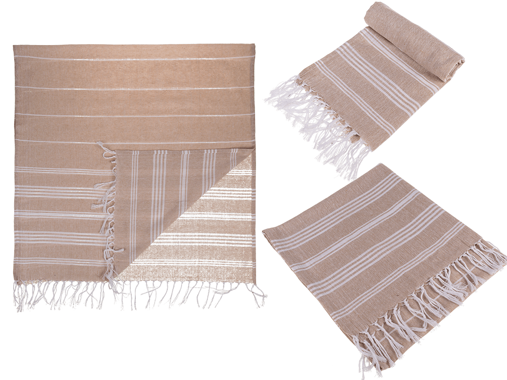 Witte en bruine fouta handdoek van 80 x 170 cm, 80% katoen, 20% polyester, met plastic haak en franjes.