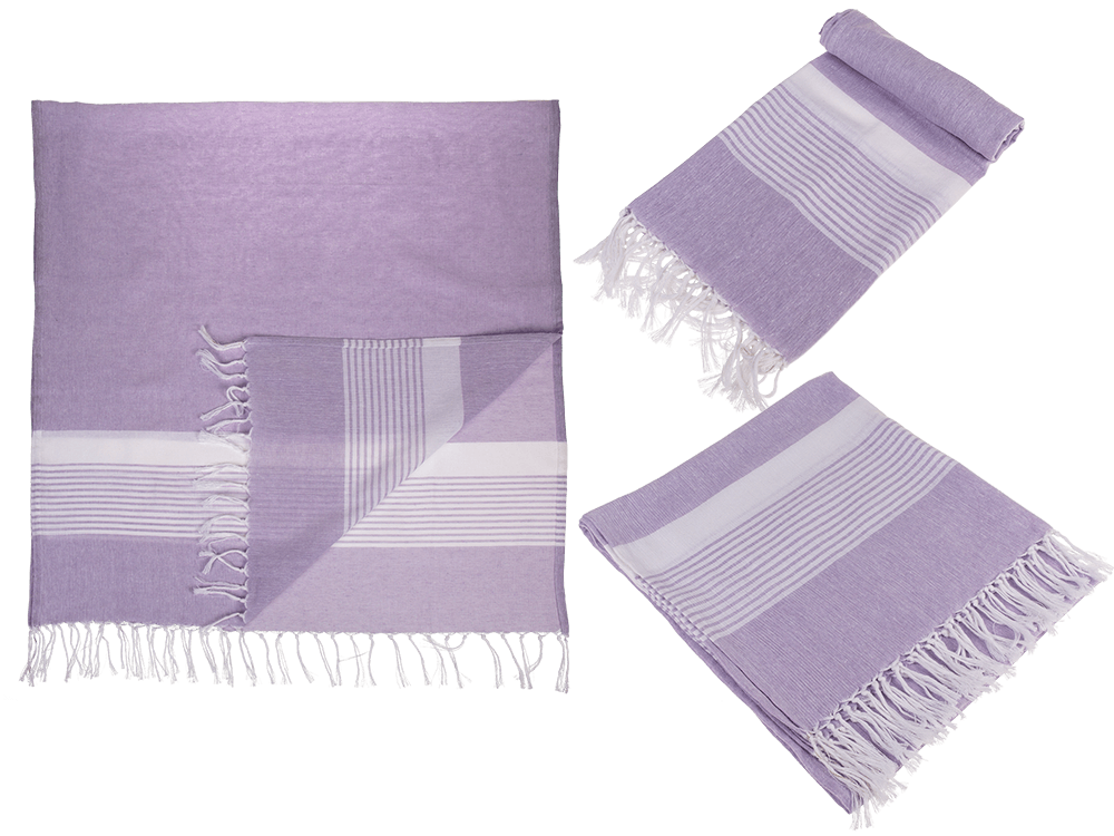 190467_000.png Witte/lavendel Fouta handdoek van 80 x 170 cm, 80% katoen, 20% polyester, met plastic haak en franjes.