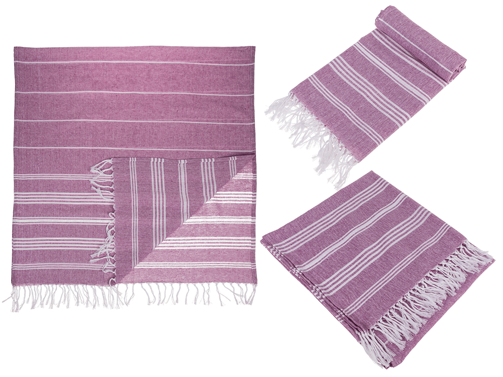 190468_000.png Witte/paarse Fouta handdoek, 80 x 170 cm, 80% katoen, 20% polyester, met plastic haak en franjes.