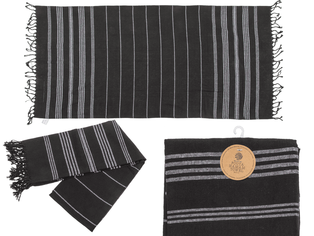 190469_000.png Witte en zwarte Fouta handdoek, 80 x 170 cm, 80% katoen, 20% polyester, met plastic haak, ideaal voor sauna en strand.