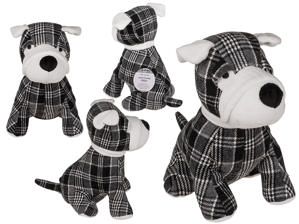 190474__000.png Zwart/grijs/wit geblokte deurstopper in de vorm van een hond, 25 cm, 100% polyester, ca. 1 kg.