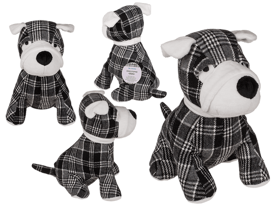 Black/grey/white checkered door stopper, dog,