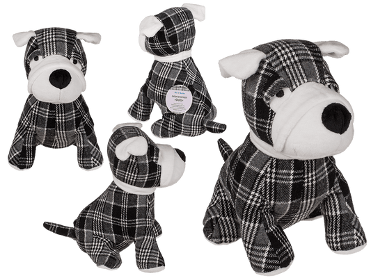 Black/grey/white checkered door stopper, dog,