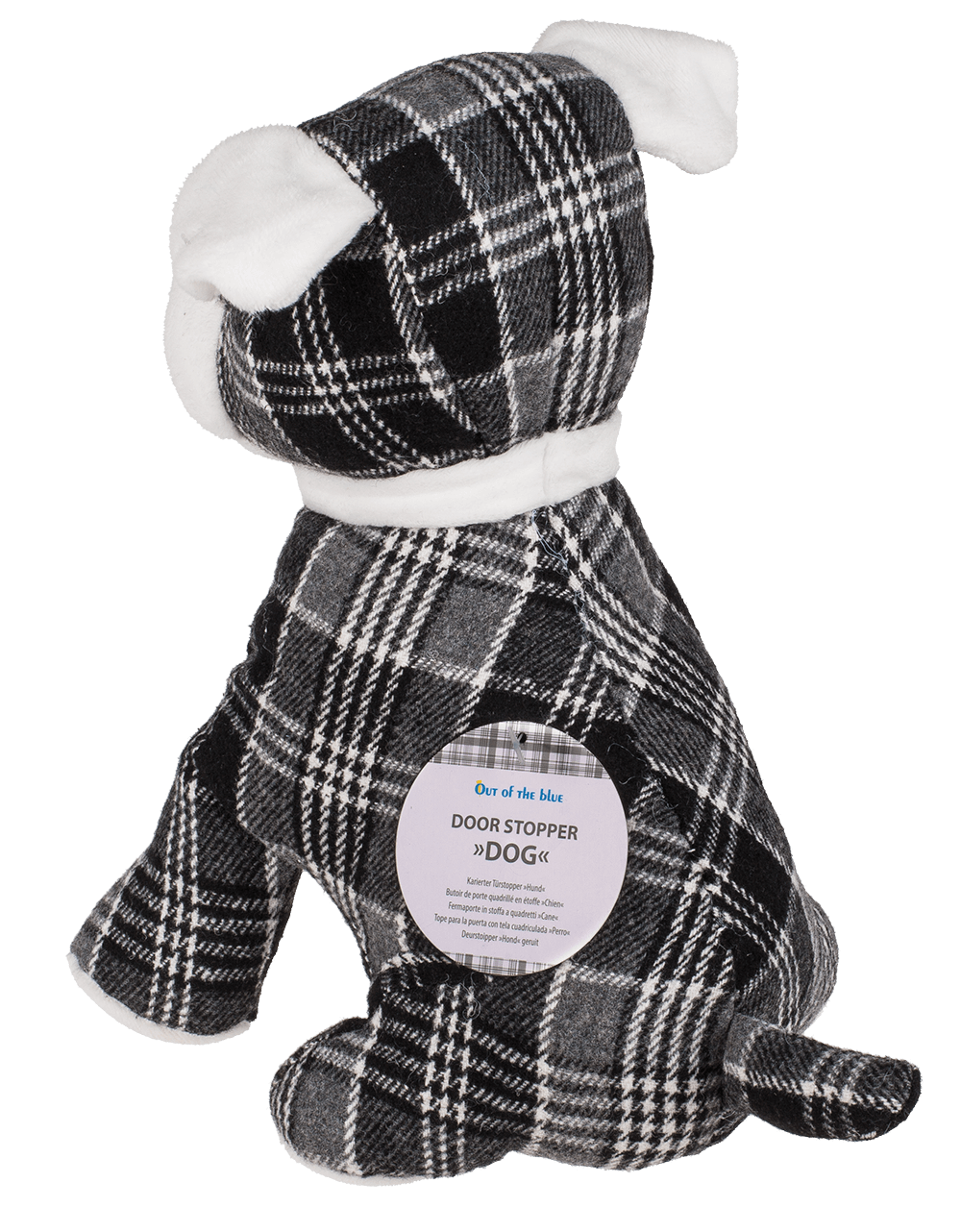 Black/grey/white checkered door stopper, dog,