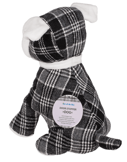 Black/grey/white checkered door stopper, dog,