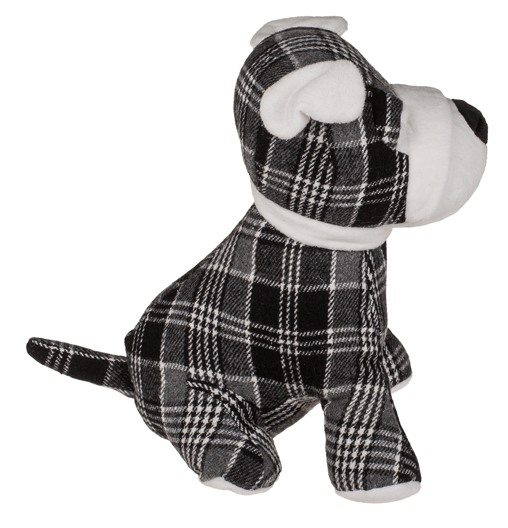 Black/grey/white checkered door stopper, dog,