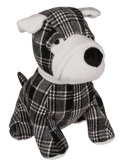 Black/grey/white checkered door stopper, dog,