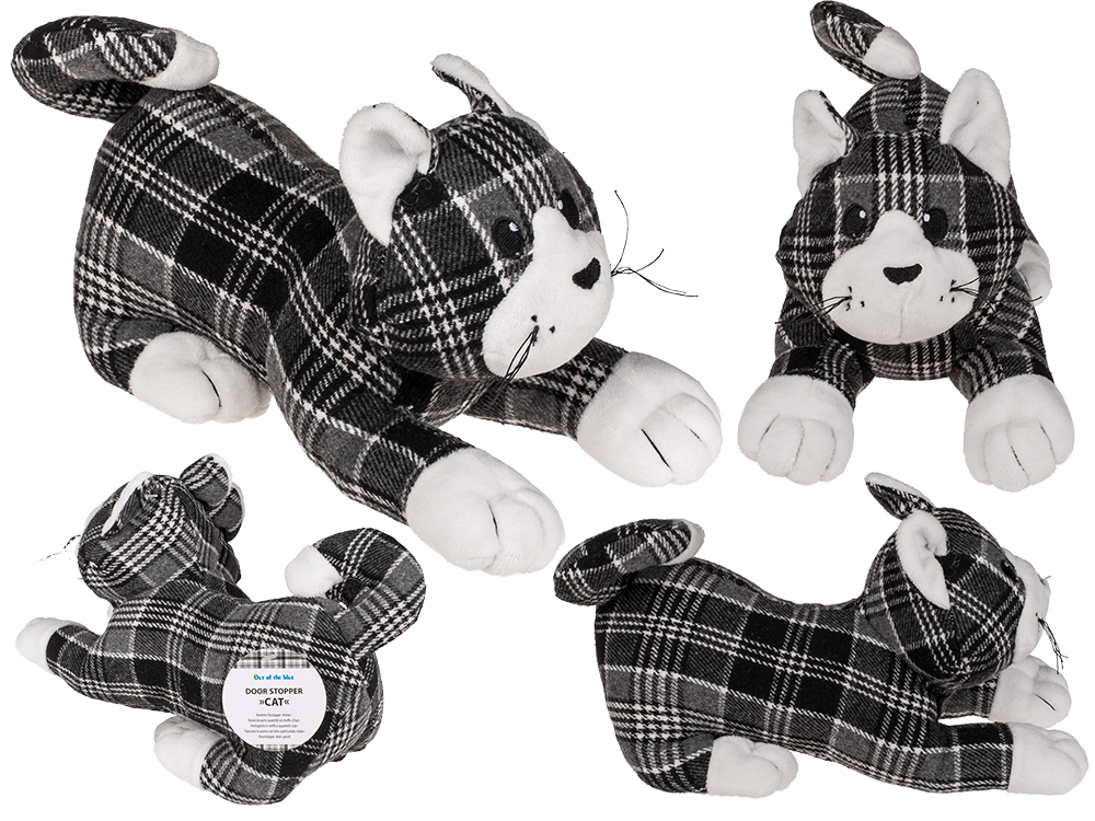 black/grey/white checkered door stopper, cat,