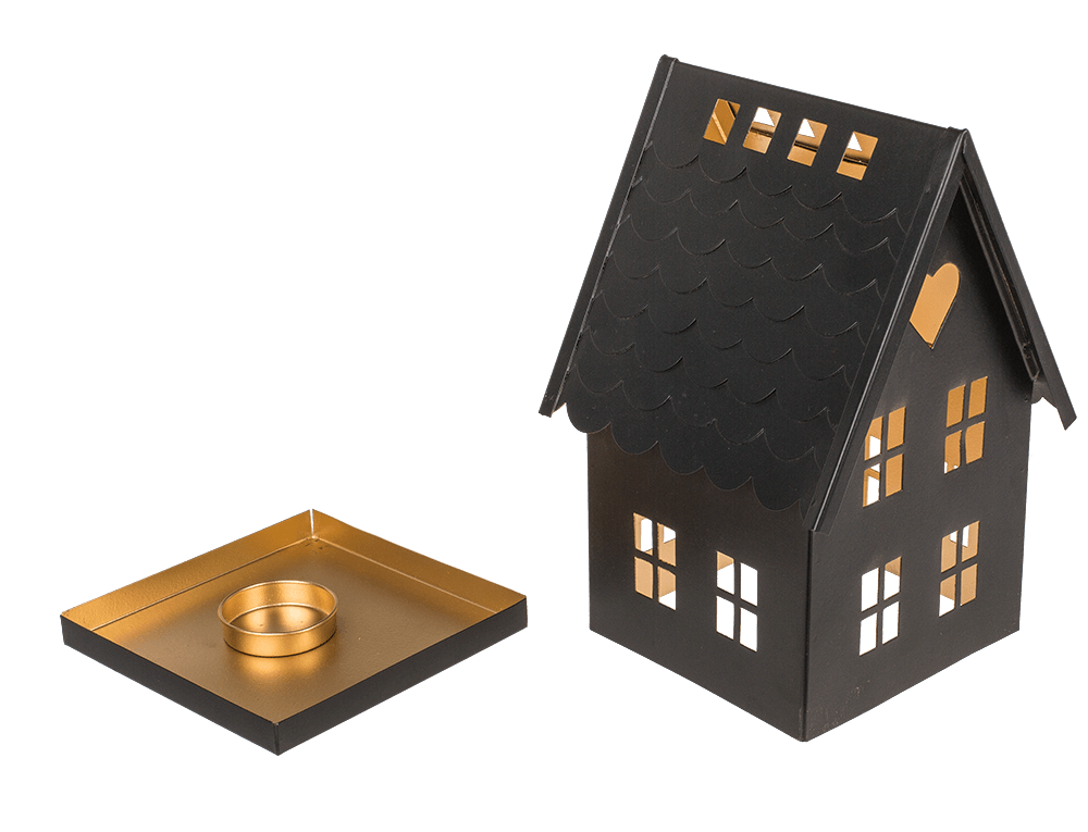 Black metal decoration house for tealights.