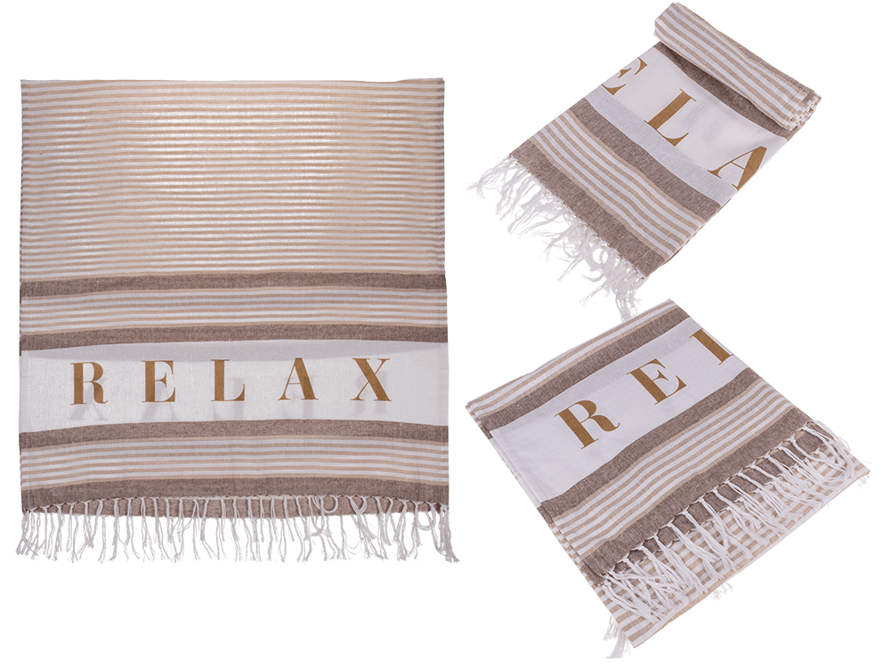 Witte/creme/bruine Fouta handdoek Relax, 80 x 170 cm, 80% katoen, 20% polyester, met plastic haak en franjes.