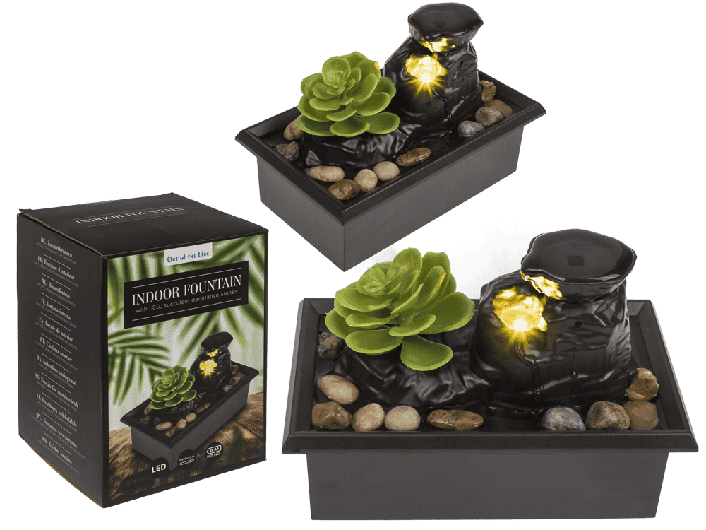 Indoor fountain with LED, succulent and decorative