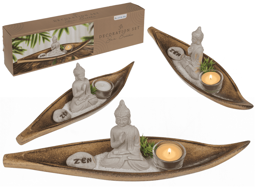 190491_000.png Natuurlijke houten tray met Boeddha, theelichthouder, ZEN-steen, kunstplant en decoratiesand in kleurdoos.