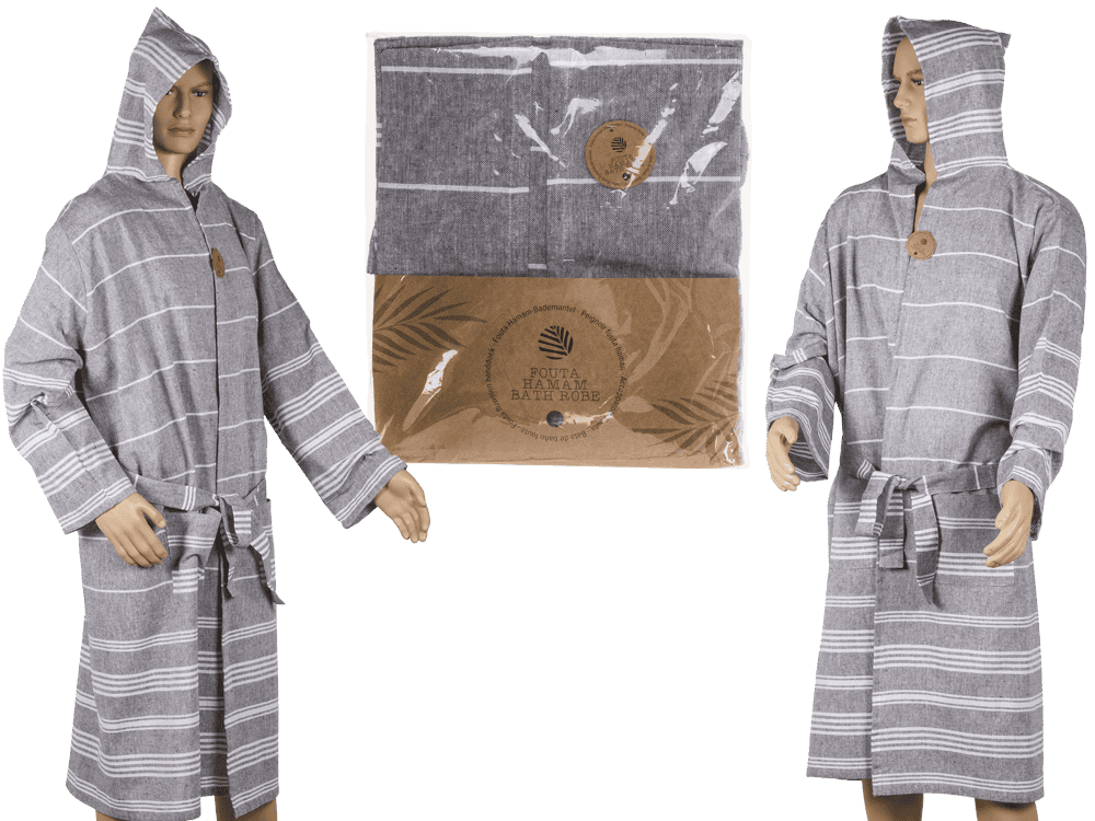 190550_000.png Grijze/witte hamam badjas maat L met capuchon, 2 zakken en riem, verpakt in polybag met inlay. 80% katoen, 20% polyester.