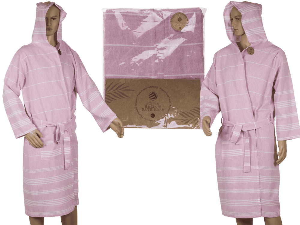Roze/witte hamam badjas maat L met capuchon, riem en 2 zakken, verpakt in polybag met inlay. 80% katoen, 20% polyester.