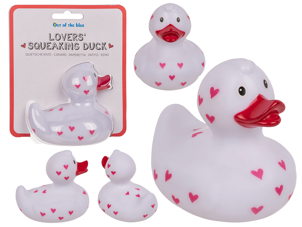 20-1103_000.png Lovers Squeaking Duck, ca. 10 cm, met schattige hartjes, verpakt op blisterkaart. Perfect voor bad- en lichaamsverzorging.