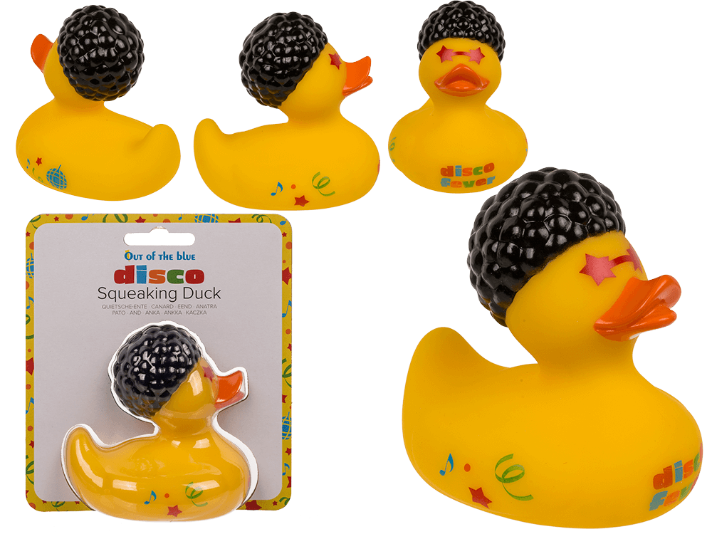 Disco Squeaking Duck van 10 cm met zwart afro-haar en stervormige ogen, verpakt op een blisterkaart.