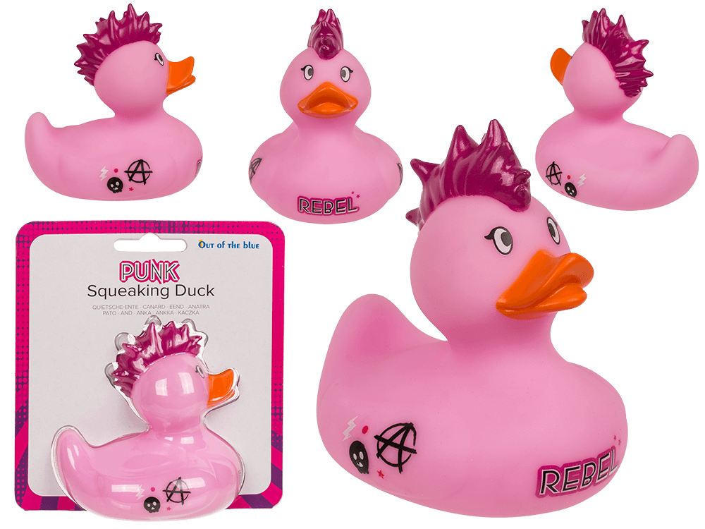 Punk Squeaking Duck van 10 cm, roze met paarse mohawk en REBEL-tekst, verpakt op blistercard.
