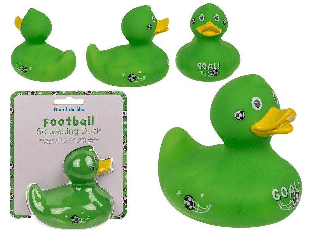 20-1108_000.png Groene voetbal-squawker eend van ca. 10 cm op blisterkaart, met GOAL! en voetbalontwerp.